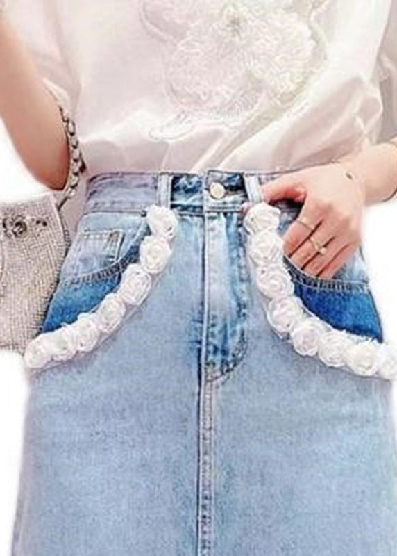 Boho Light Blue Tassel Patchwork High Waist Deninm Skirt Summer