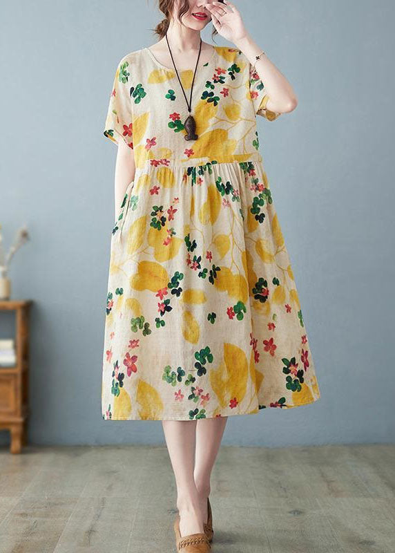 Boho Light Yellow O Neck Pockets Print Patchwork Cotton Dress Summer