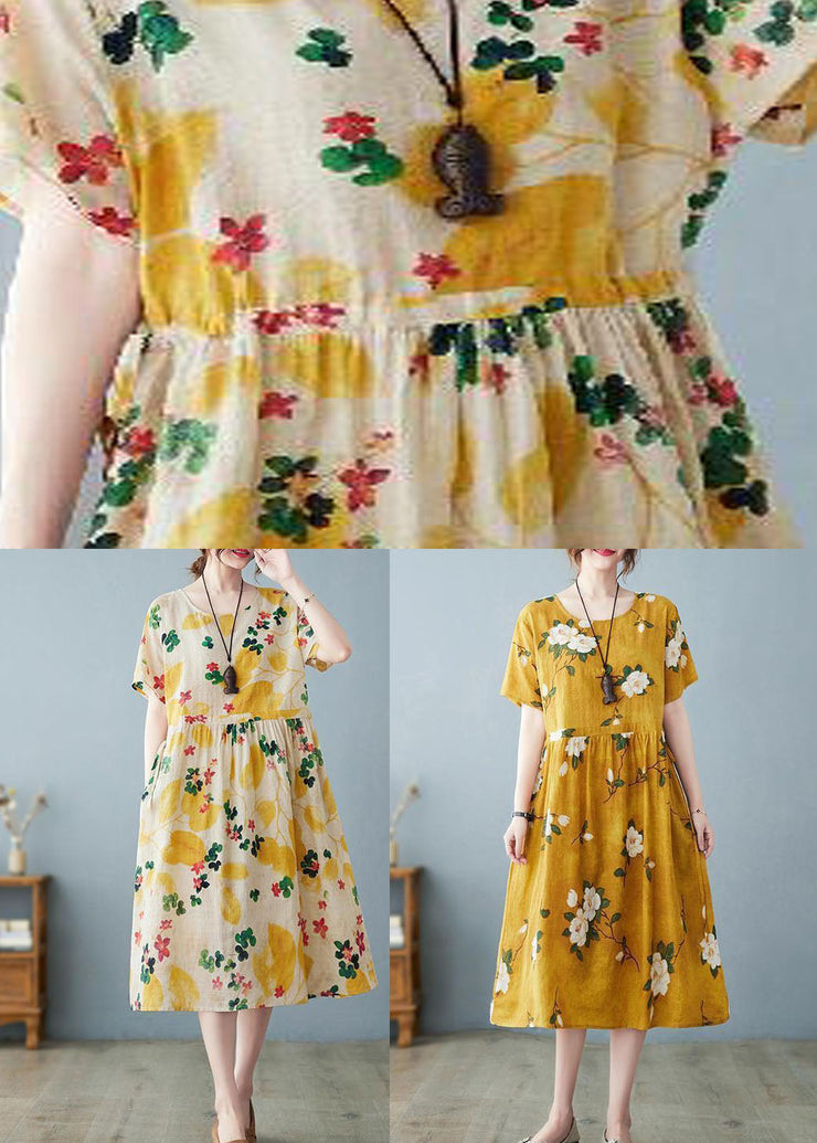 Boho Light Yellow O Neck Pockets Print Patchwork Cotton Dress Summer