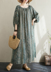 Boho Loose Green O Neck Striped Cotton Long Dress Summer