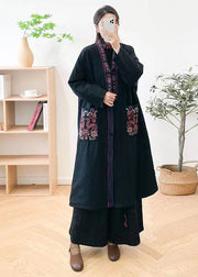 Boho Mulberry V Neck Embroidered Pockets Fine Cotton Filled Coat Winter