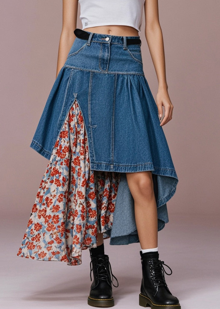 Boho Navy Asymmetrical Patchwork Print Denim Skirt Spring