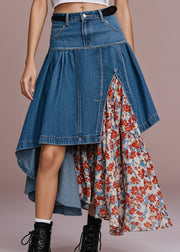 Boho Navy Asymmetrical Patchwork Print Denim Skirt Spring