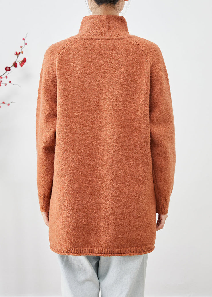 Boho Orange High Neck Zip Up Thick Knit Sweater Tops Winter