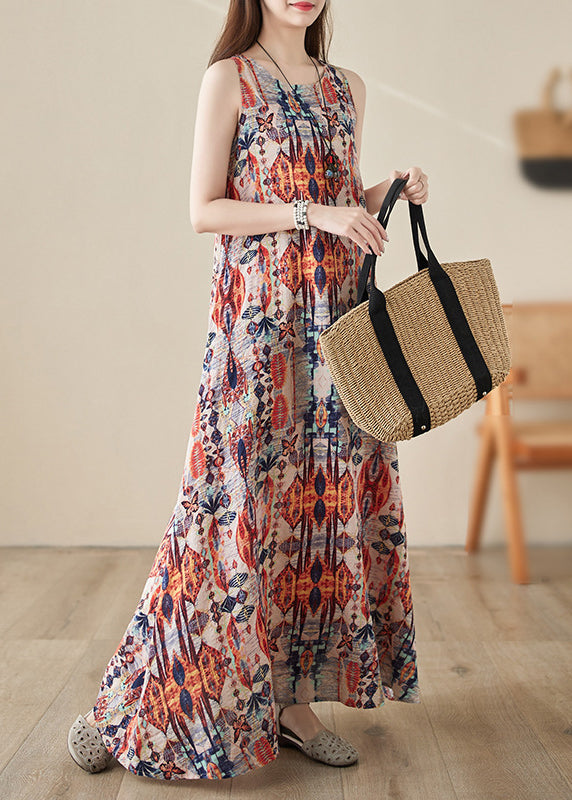 Boho Orange Print Cozy Long Dresses Sleeveless