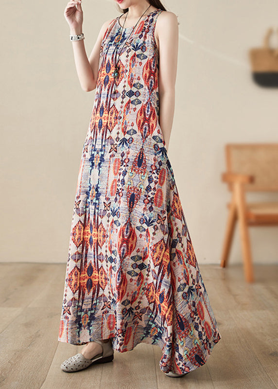 Boho Orange Print Cozy Long Dresses Sleeveless