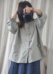 Boho Oversized Chinese Button Pockets Linen Shirt Fall