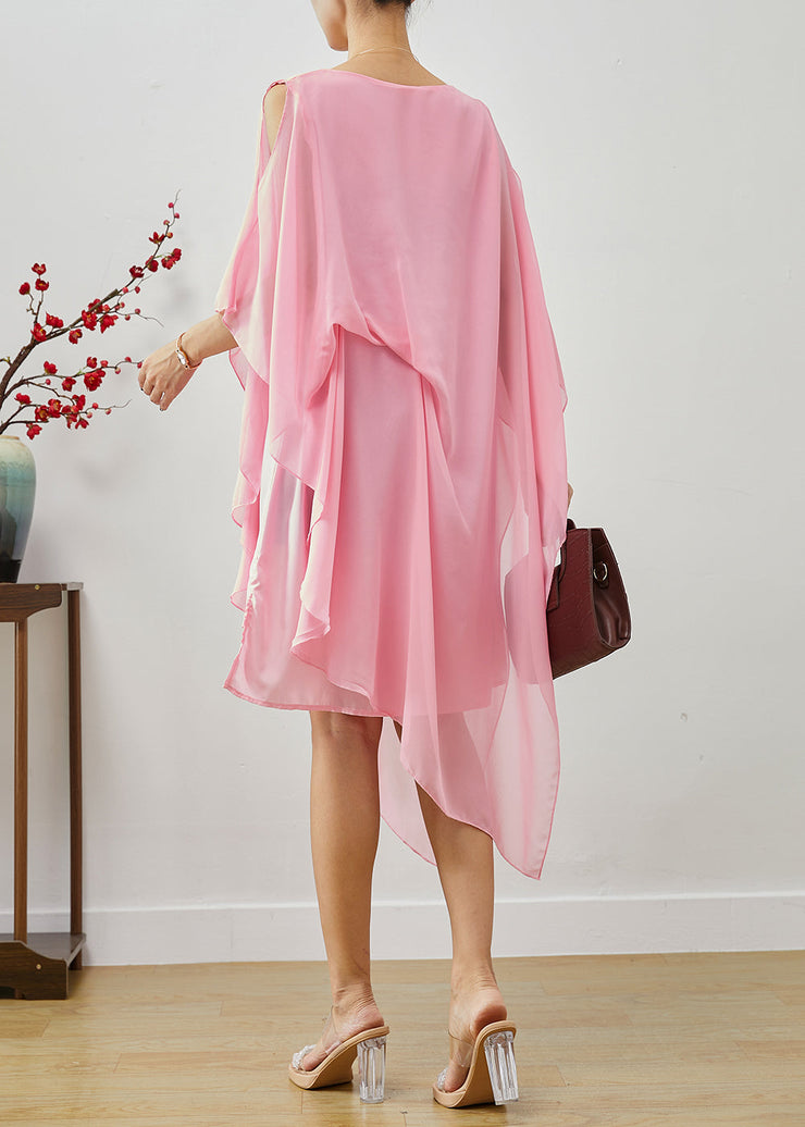 Boho Pink Asymmetrical Cold Shoulder Chiffon Beach Dresses Summer