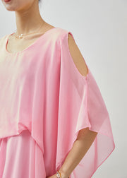 Boho Pink Asymmetrical Cold Shoulder Chiffon Beach Dresses Summer