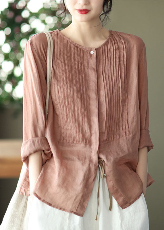 Boho Pink O Neck Patchwork Wrinkled Linen Shirts Spring