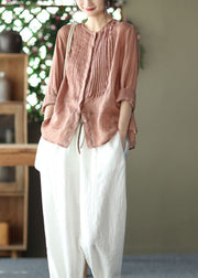 Boho Pink O Neck Patchwork Wrinkled Linen Shirts Spring