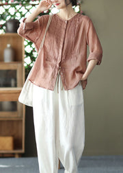 Boho Pink O Neck Patchwork Wrinkled Linen Shirts Spring