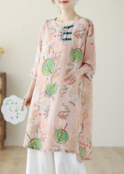 Boho Pink O Neck Print Chinese Button Cotton Mid Dress Summer