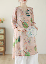 Boho Pink O Neck Print Chinese Button Cotton Mid Dress Summer