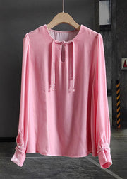 Boho Pink O-Neck Tasseled Patchwork Silk Velour Tops Spring