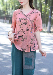 Boho Pink V Neck Print Patchwork Linen Shirt Top Summer