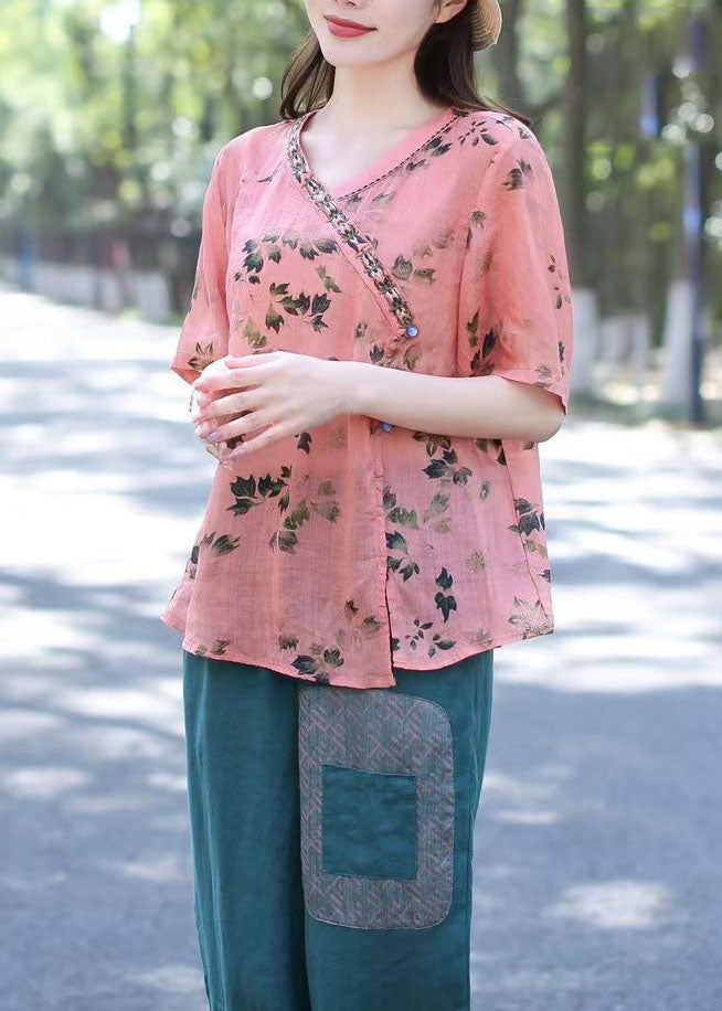 Boho Pink V Neck Print Patchwork Linen Shirt Top Summer