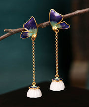 Boho Purple Ancient Gold Enamel Jade Butterfly Drop Earrings