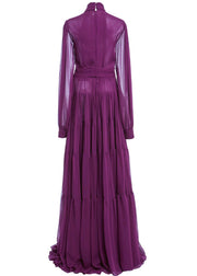 Boho Purple Bow Wrinkled Hollow Out Chiffon Ankle Dress Fall