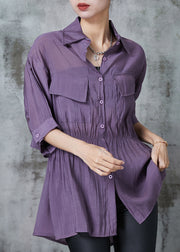 Boho Purple Cinched Pockets Cotton Blouse Tops Summer