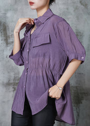 Boho Purple Cinched Pockets Cotton Blouse Tops Summer