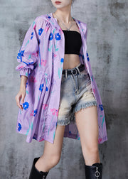 Boho Purple Cinched Print Spandex Hoodie Trench Fall