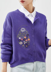 Boho Purple Embroidered Knit Cardigans Spring