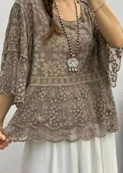 Boho Purple O Neck Embroideried Lace Blouses Bracelet Sleeve