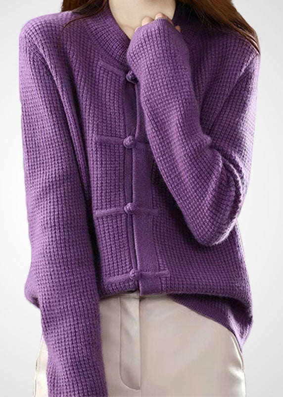 Boho Purple O-Neck Oriental Button Wool Knit Cardigans Winter