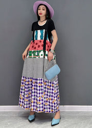 Boho Purple O-Neck Patchwork Print Cotton Strap Long Dresses Short Sleeve