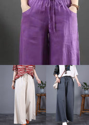 Boho Purple Pockets Elastic Waist Cotton Wide Leg Pants Summer