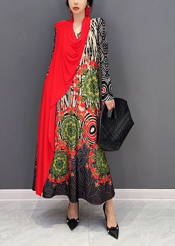 Boho Red Asymmetrical Patchwork Print Maxi Dress Spring