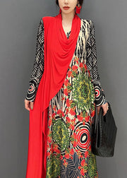 Boho Red Asymmetrical Patchwork Print Maxi Dress Spring