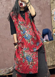 Boho Red Asymmetrical Print Patchwork Cotton Waistcoat Sleeveless