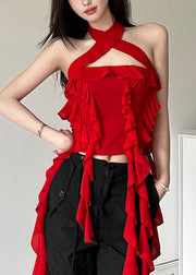 Boho Red Backless Ruffled Solid Cotton Tank Sleeveless