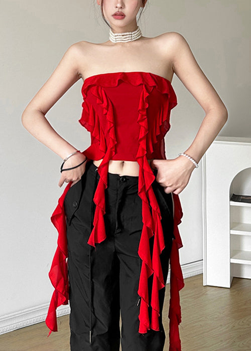 Boho Red Backless Ruffled Solid Cotton Tank Sleeveless