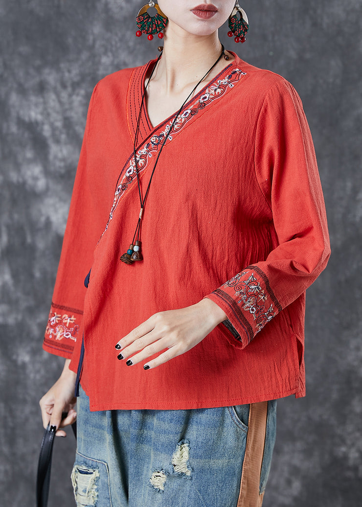 Boho Red Embroidered Lace Up Linen Blouse Top Summer