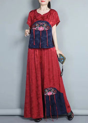 Boho Red Embroidered Tops And Pants Silk Two Piece Set Summer