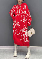 Boho Red O Neck Animal Jacquard Knit Sweater Dress Winter