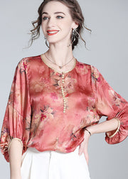 Boho Red O Neck Floral Print Silk Blouse Top Bracelet Sleeve