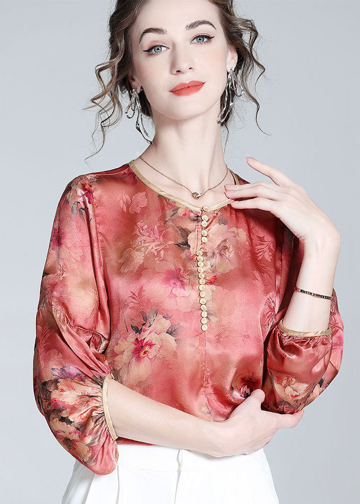 Boho Red O Neck Floral Print Silk Blouse Top Bracelet Sleeve