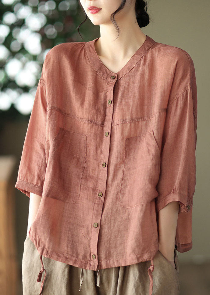 Boho Red O-Neck Oversized Pockets Linen Blouses Bracelet Sleeve