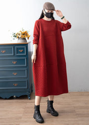 Boho Red O-Neck Patchwork Plaid Warm Fleece Dress Winter