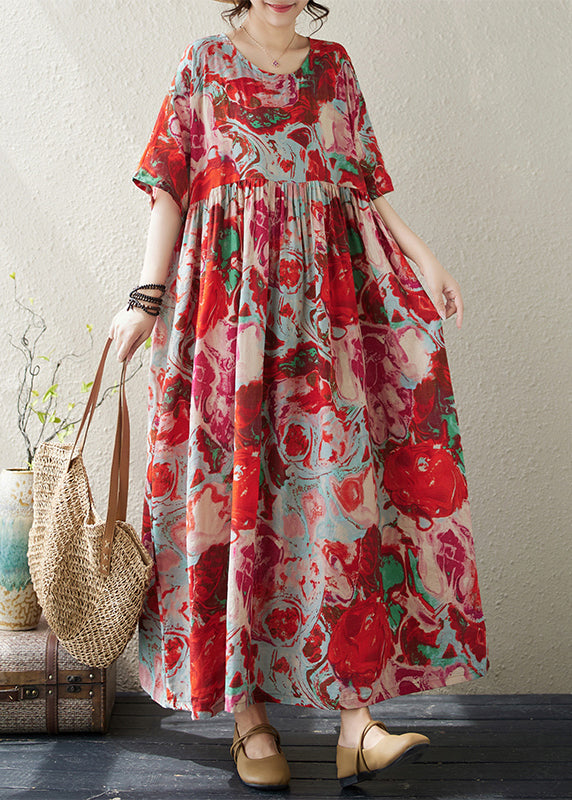 Boho Red O Neck Print Wrinkled Cotton Vacation Dresses Summer