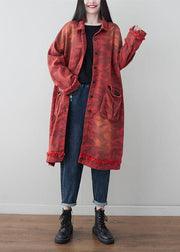 Boho Red Oversized Patchwork Pockets Cotton Trench Spring