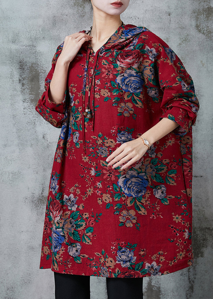 Boho Red Oversized Print Cotton Loose Sweatshirts Dress Spring