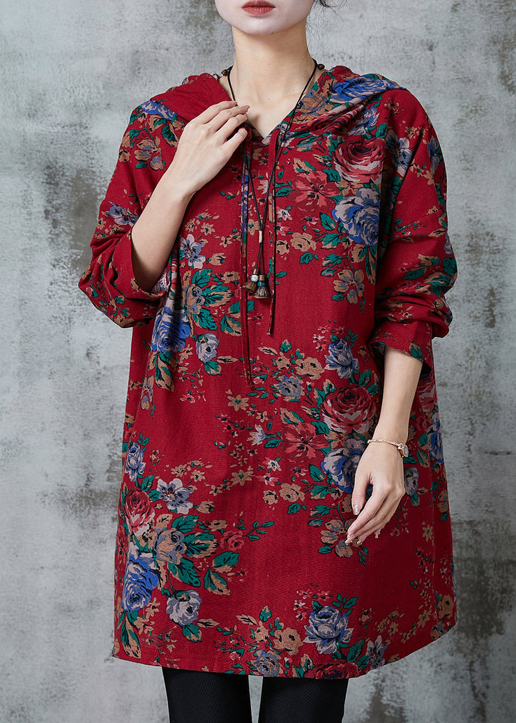 Boho Red Oversized Print Cotton Loose Sweatshirts Dress Spring