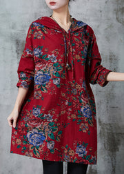 Boho Red Oversized Print Cotton Loose Sweatshirts Dress Spring