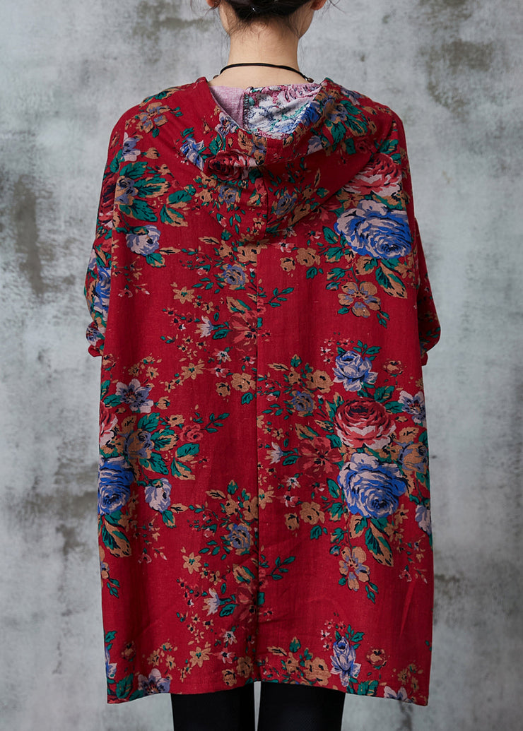 Boho Red Oversized Print Cotton Loose Sweatshirts Dress Spring