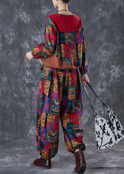 Boho Red Print Patchwork Cotton Women Two-Piece Set Fall